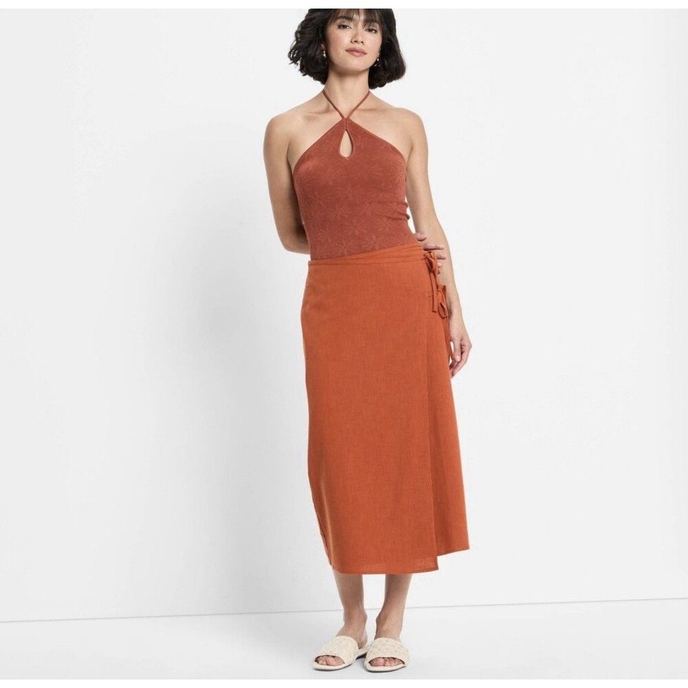 Future Collective Women's Rust Orange Wrap Midi Skirt Size Small